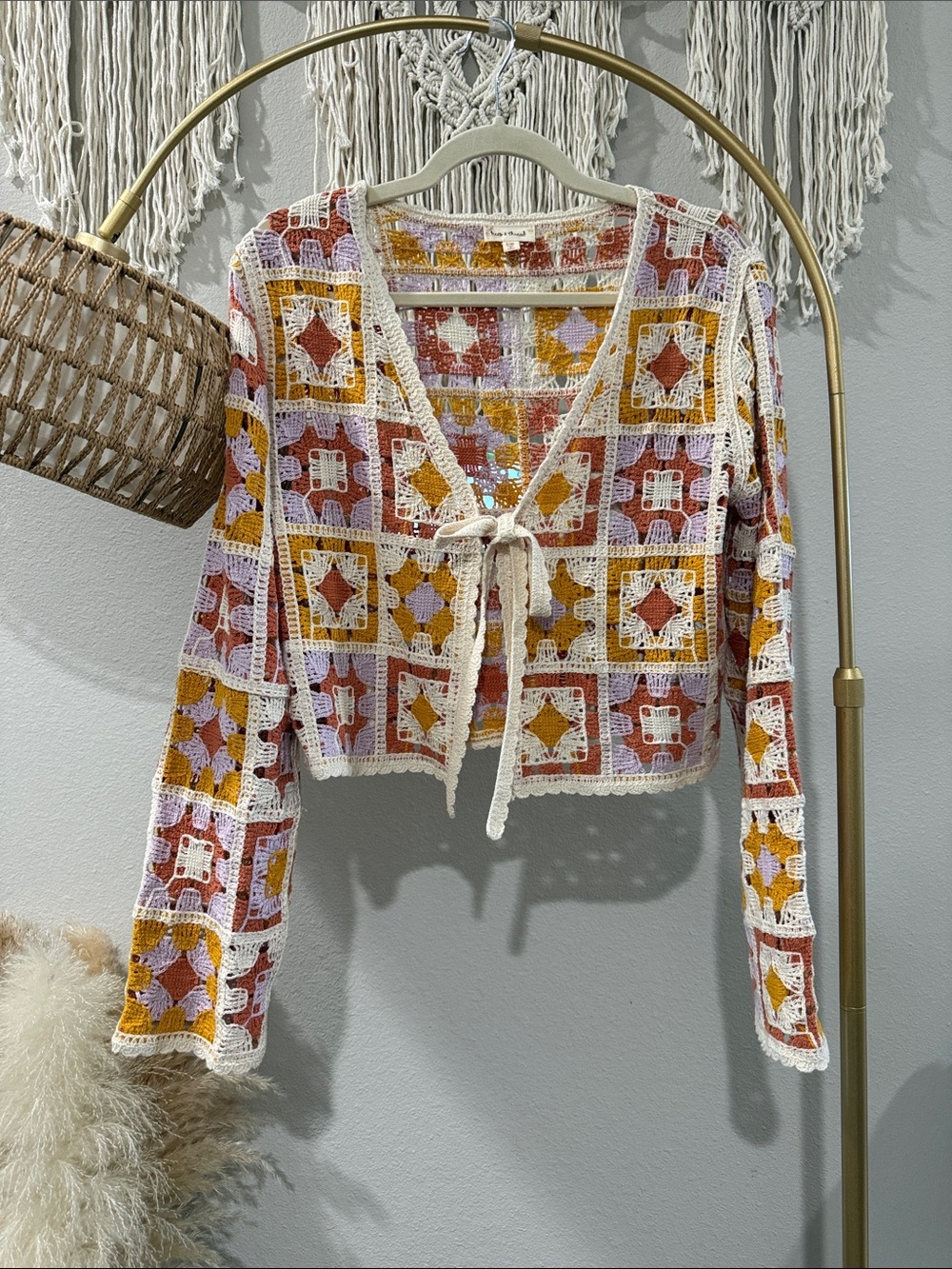 Hem & Thread Crochet Tie-Front Cardigan in Cream, Mustard & Mauve